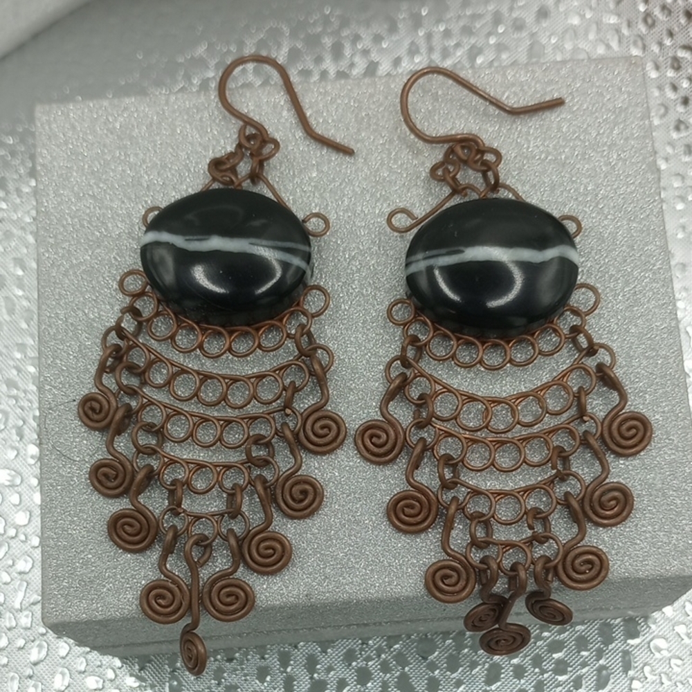 Elegant Black and Brown Copper Egyptian Chandelier Earrings E0401